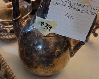 #39	Vintage Silver-plated Floral Etched Aftaba Pitcher	 $40.00 