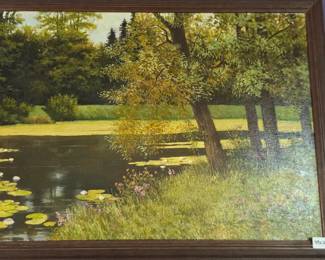 #10	Oil Painting of Pond w/lily pads and Trees - 39x28 signed 	 $35.00 
