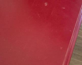 #25	Red Painted Laminate Console Table w/2 glass Doors and 3 shelves (finish issues) - 46x16x31	 $125.00 