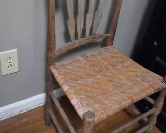 #80	Wood Primitive  Odd Rustic Dining Chair w/Slat Back and Rushing  Seat	 $25.00 