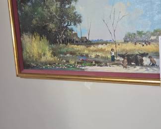 #54	Original Oil Painting Signed K.T. River Landscape w/Cattle - 26.5x20	 $70.00 