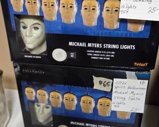 #65	2021 Spirit Halloween Michael Myers String Lights - 10 lights - 9feet 	 $25.00  #66	2022 Spirit Halloween Michael Myers #20 Halloween String Lights - 2 settings on & Blinking - 10 lights - 9 feet	 $25.00 