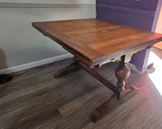 #12	Kings Table Wood Trestle Tablel w/Pull-out extendable leaves that fit back underneath the table - 4878x36c29.5  (finish Issues)	 $225.00 