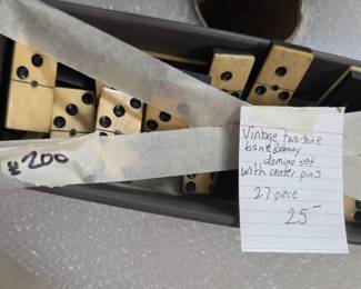 #200	Vintage Two-Tone Bone & Ivory Domino Set w/center pins - 27 piece	 $27.00 