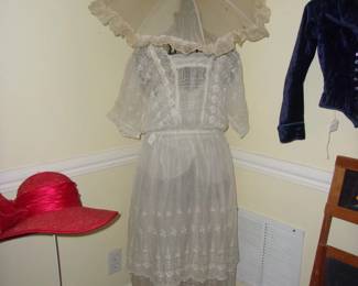 Dress Form w/Vintage Wedding Dress, Umbrella, Hat w/Hat Holder