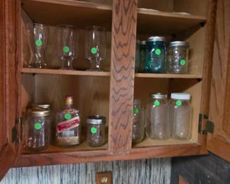 Canning jars, liquor bottle and glasses