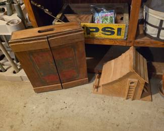 Vintage wood Pepsi Crates, one with lid, and a wood bird house