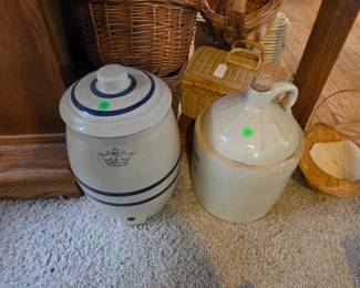 Vintage Water Dispenser Crock (missing spout) and vintage Crock Jug with cork lid