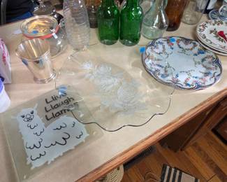 Llama trivet, glass and tin serving or decorative plates