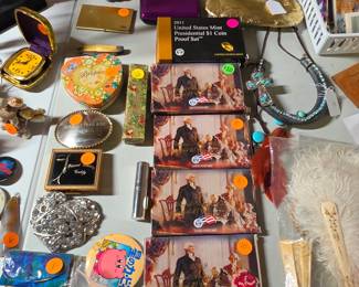 Coin sets, jewelry boxes, belt buckles