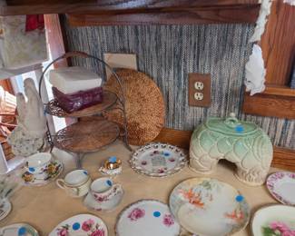 Vintage porcelain plates and cupd, cookie jar,