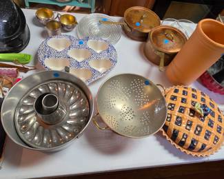 Jello and angel did cake Ian, colander, heart-shaped muffin pan, copper pots