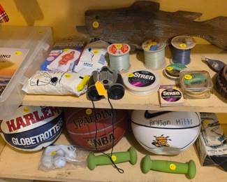 Fishing line, basketballs, hand weights