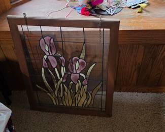 Stained glass in wood frame - needs new chain for hanging