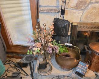 Floral arrangement, Candle holder, copper put with white and blue ceramic handle, fireplace tools