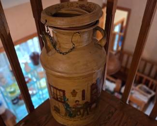 Vintage painted milk tin jug