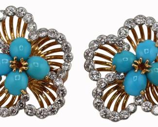 Cartier 18kt Turquoise Diamond Floral Earrings