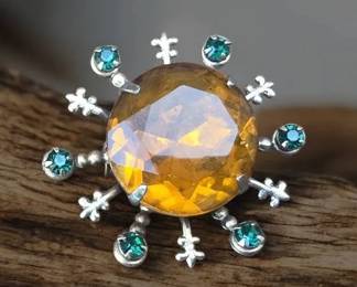 Vintage Amber with Teal Rhinestone Sunburst Brooch Silver Tone Starburst Pin