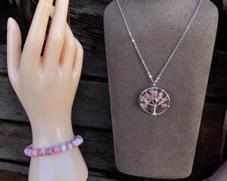 Rose Quartz Tree of Life Pendant Necklace Beaded Bracelet
