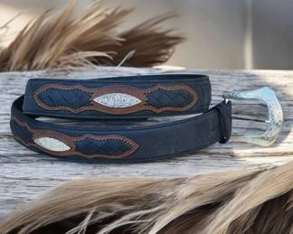 Vintage Black Leather Western Cowboy Belt Brown Woven Inlay Silver Conchos Ornate Buckle - Size 42
