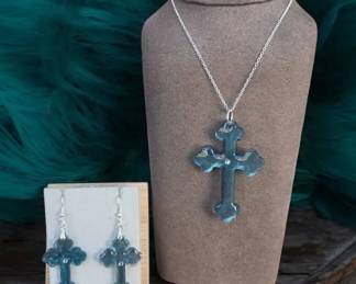 Translucent Blue Cross Pendant Necklace Earring Set