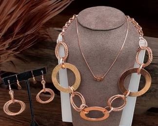 Rose Gold Tone Geometric Jewelry Set Statement Link Necklace Matching Earrings