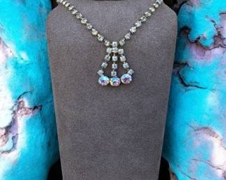 Vintage Aurora Borealis Triple Pendant Rhinestone Necklace