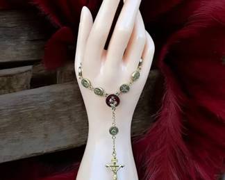 Vintage Catholic Rosary Bracelet Gold Tone Red Enamel Medal Crucifix