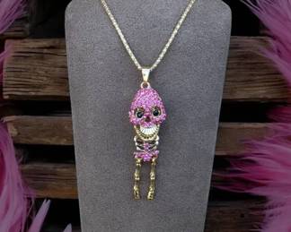 Pink Rhinestone Articulated Skeleton Necklace