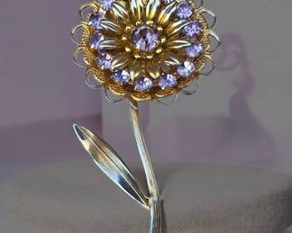 Vintage Gold Tone Purple Rhinestone Flower Brooch Long Stem Floral Pin