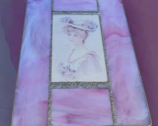 Pink Lavender Marbled Slag Glass Jewelry Box Victorian Lady Portrait Hinged Trinket Box