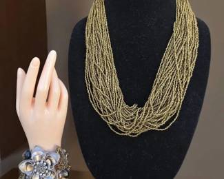 Vintage Gold Tone Multi Strand Beaded Necklace Bracelet