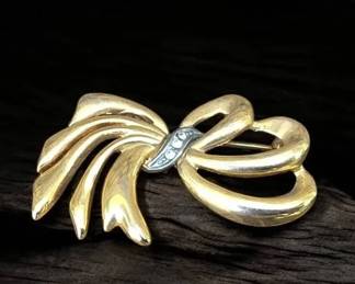 Vintage Gold Tone Bow Brooch Pin Silver Tone Rhinestone Accents Ribbon Design