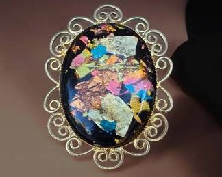 Vintage Gold Tone Iridescent Mosaic Glass Cabochon Filigree Brooch Pin