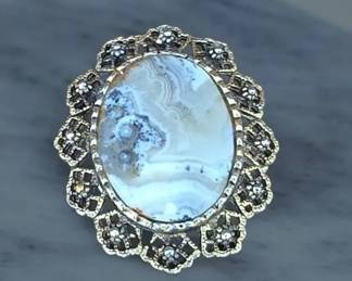 Vintage Gold Tone Blue Lace Agate Cabochon Rhinestone Halo Brooch Pin