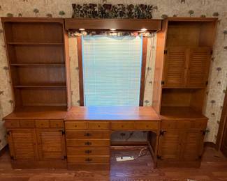3 pc Ethan Allen Modular Desk & Wall Unit. Maple $300.00 per section or $750.00 set. Left: 30”x 18.5”x 78”, Desk 48”x 18.5”x 30” plus light bar, Right: 24”x 18.5”x 78” Total 108” L