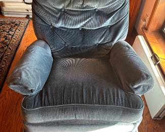 Blue faux suede Rocker/Recliner.  $ 150.00.      34”w 32”d 37”t