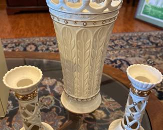 Lenox 11.5” vase $100. Pair of Lenox candle holders $40.00
