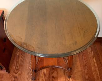 Wood Lamp Table w glass top $75.00. 22” diameter 26”t