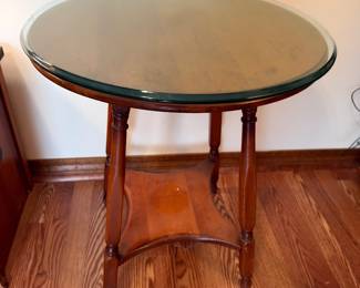 Wood Lamp Table w glass top $75.00. 22” diameter 26”t