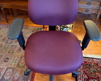 (2) Burgundy Task Chairs, adjustable height and seat back $125.00 each. 29”w 20”d 42”t