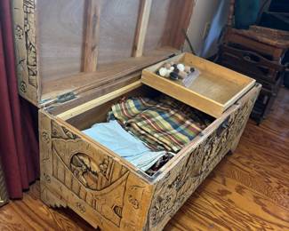 Wood Chest Asian Carved Motif. $250.00.    35”w 17” d 19”t