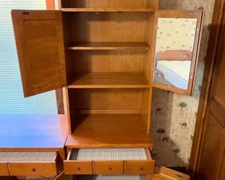 3 pc Ethan Allen Modular Desk & Wall Unit. Maple $300.00 per section or $750.00 set. Left: 30”x 18.5”x 78”, Desk 48”x 18.5”x 30” plus light bar, Right: 24”x 18.5”x 78” Total 108” L