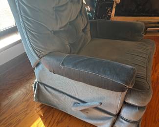Blue faux suede Rocker/Recliner.  $ 150.00.      34”w 32”d 37”t