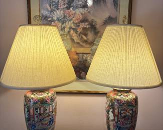 Porcelain Asian Lamps (2) $200.00 pair.  9” diameter 33” t