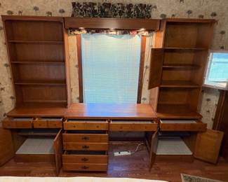 3 pc Ethan Allen Modular Desk & Wall Unit. Maple $300.00 per section or $750.00 set. Left: 30”x 18.5”x 78”, Desk 48”x 18.5”x 30” plus light bar, Right: 24”x 18.5”x 78” Total 108” L