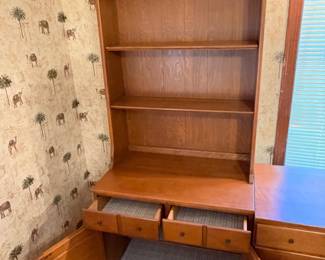 3 pc Ethan Allen Modular Desk & Wall Unit. Maple $300.00 per section or $750.00 set. Left: 30”x 18.5”x 78”, Desk 48”x 18.5”x 30” plus light bar, Right: 24”x 18.5”x 78” Total 108” L