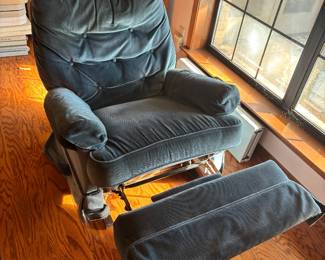 Blue faux suede Rocker/Recliner.  $ 150.00.      34”w 32”d 37”t