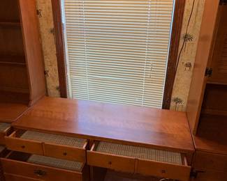 3 pc Ethan Allen Modular Desk & Wall Unit. Maple $300.00 per section or $750.00 set. Left: 30”x 18.5”x 78”, Desk 48”x 18.5”x 30” plus light bar, Right: 24”x 18.5”x 78” Total 108” L