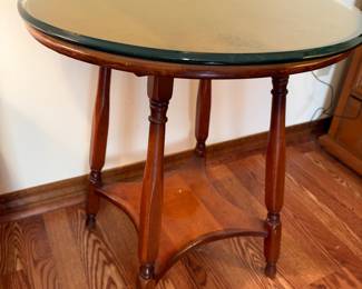 Wood Lamp Table w glass top $75.00. 22” diameter 26”t